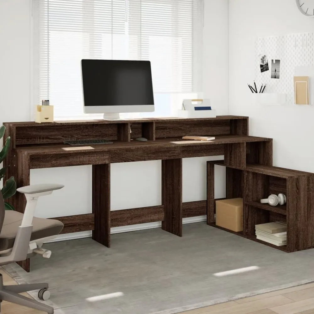 vidaXL Escritorio con LED madera ingeniería marrón roble 200x104x91 cm Marrón roble Clearance