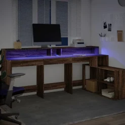vidaXL Escritorio con LED madera ingeniería marrón roble 200x104x91 cm Marrón roble Clearance