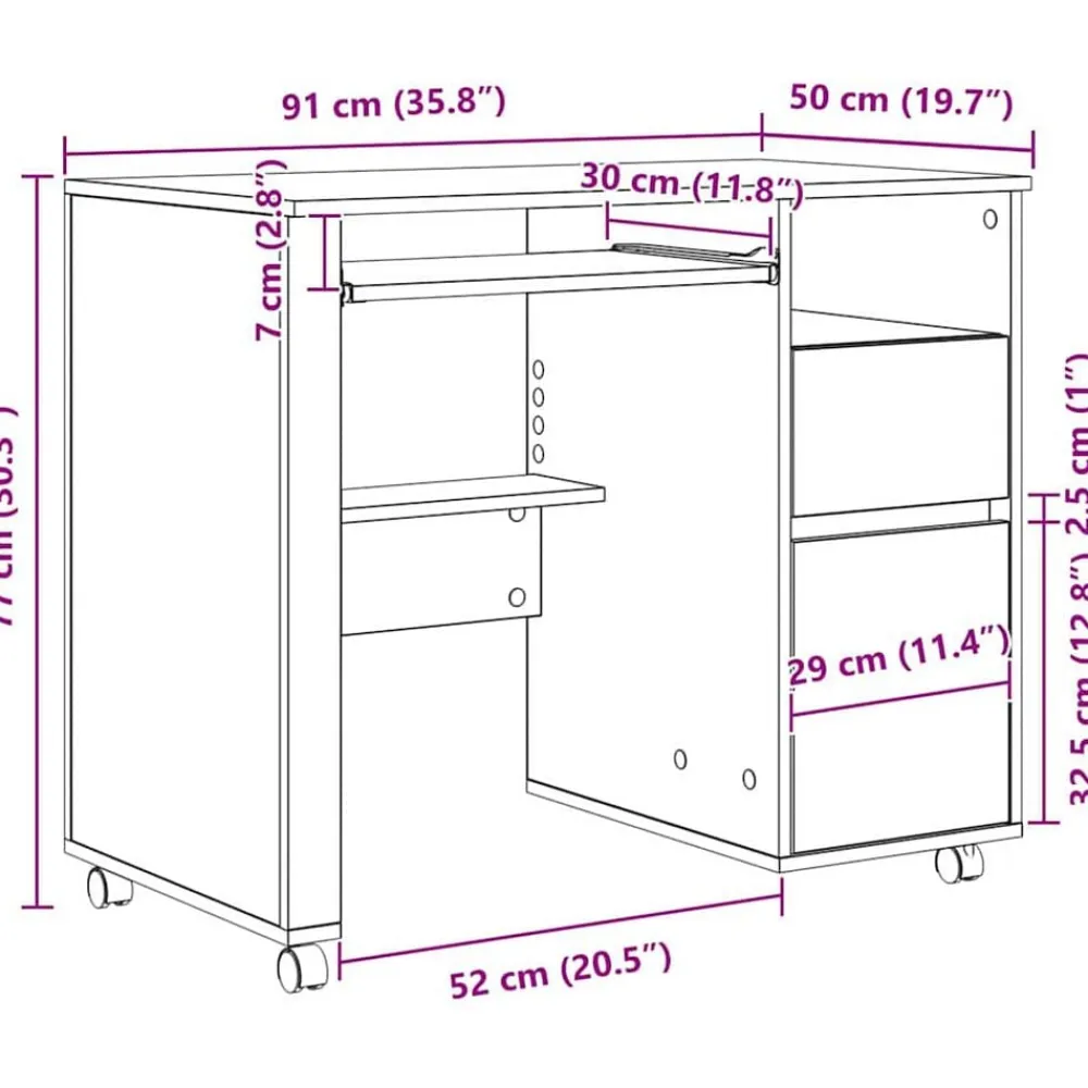 vidaXL Mobiliario De Oficina-Escritorio con Ruedas con cajón 91 x 50 x 77 cm