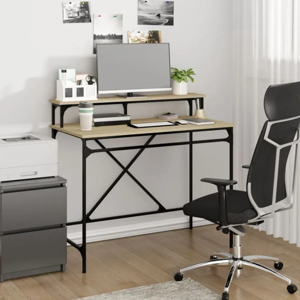 vidaXL Mobiliario De Oficina-Escritorio de hierro y madera contrachapada Sonoma 100x50x90 cm