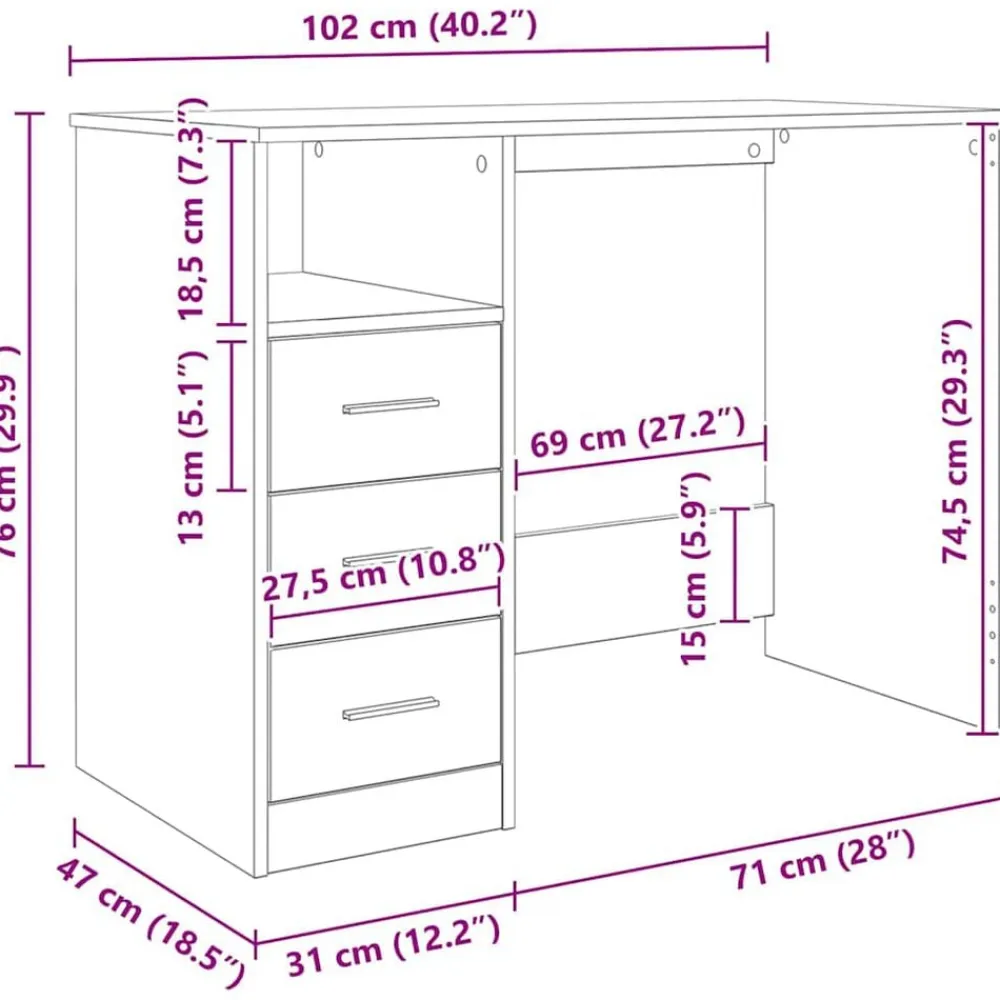 vidaXL Escritorio de madera ingeniería madera envejecida 102x50x76 cm Madera antigua