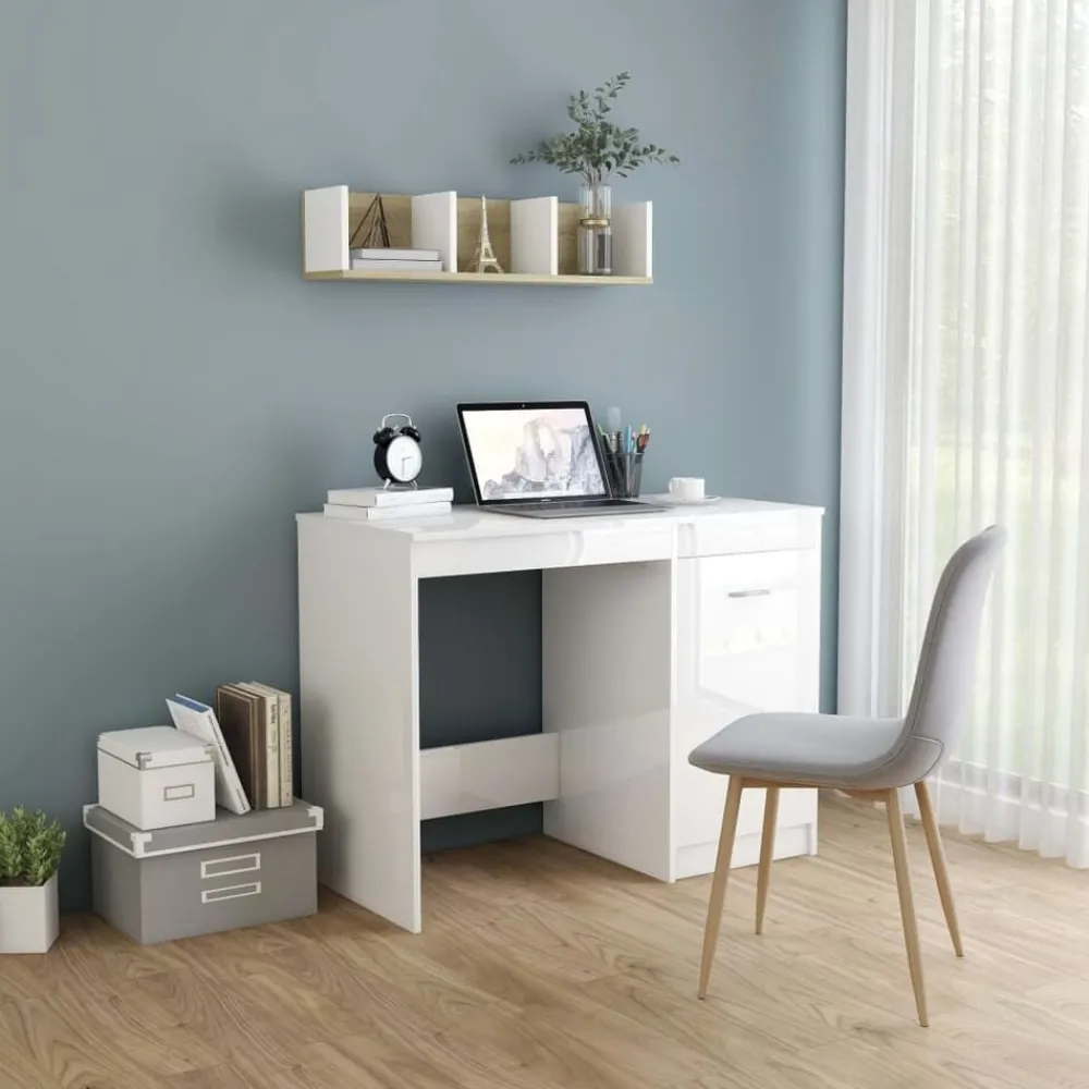 vidaXL Mobiliario De Oficina-Escritorio de madera contrachapada blanco brillo 100x50x76 cm