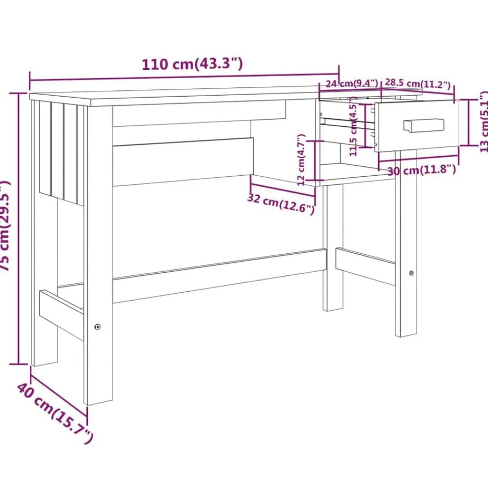 vidaXL Mobiliario De Oficina-Escritorio HAMAR madera maciza pino 110x40x75 cm