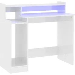 vidaXL Escritorio LED madera contrachapada blanco brillo 97x45x90 cm Blanco brillante Discount