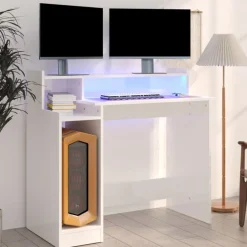 vidaXL Escritorio LED madera contrachapada blanco brillo 97x45x90 cm Blanco brillante Discount