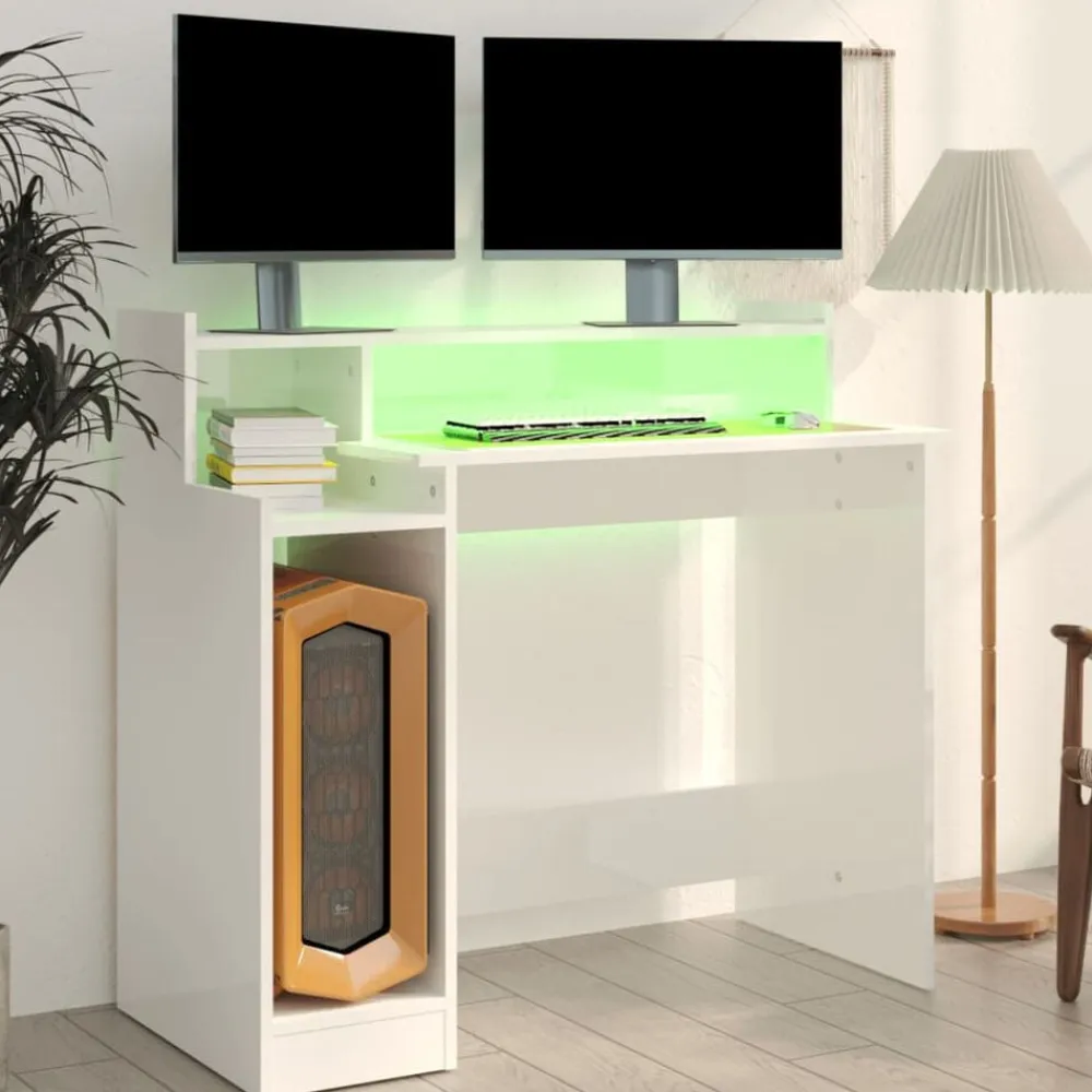 vidaXL Escritorio LED madera contrachapada blanco brillo 97x45x90 cm Blanco brillante Discount