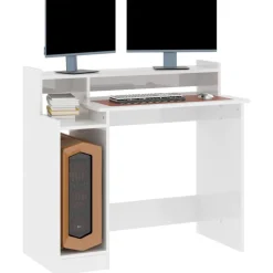 vidaXL Escritorio LED madera contrachapada blanco brillo 97x45x90 cm Blanco brillante Discount
