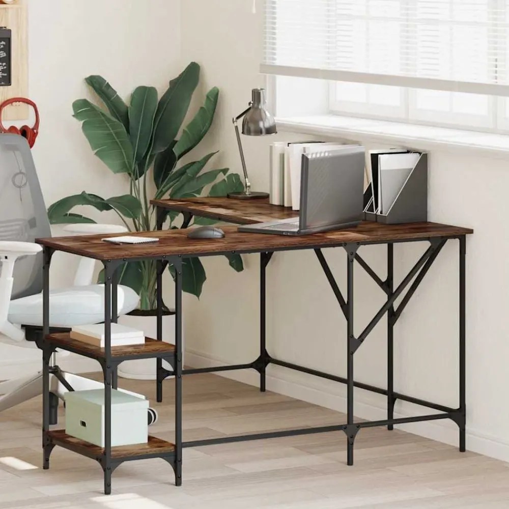 vidaXL Escritorio madera de ingeniería 139x139x75 cm Roble ahumado Discount