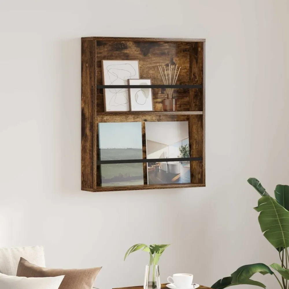 vidaXL Estante de revistas con estante 60 x 12 x 70 cm Roble ahumado Online