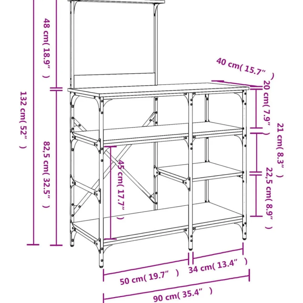 vidaXL Cocina Y Comedor-Estantería de cocina madera ingeniería metal roble 90x40x132 cm
