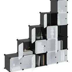 vidaXL Estantería de cubos con 15 compartimentos y puertas PP negro Negro y transparente New