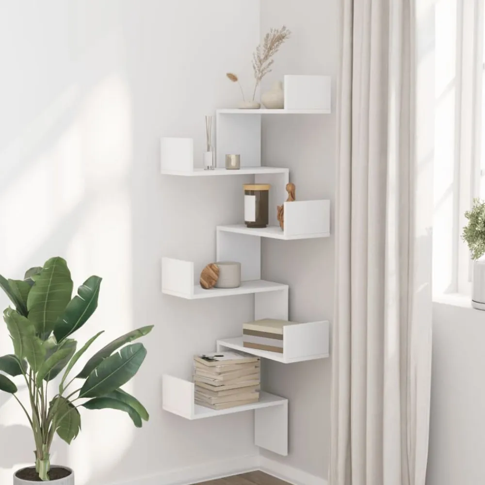 vidaXL Estantería pared esquina madera ingeniería 45x45x147 cm Blanco Outlet