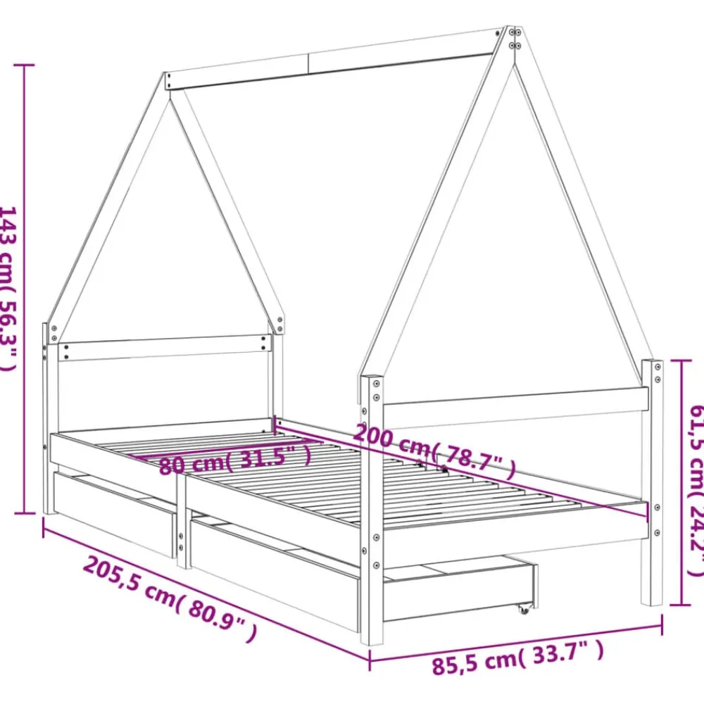 Niños vidaXL Mobiliario Para Bebés Y Niños Pequeños-Estructura cama niños con cajones madera pino 80x200 cm