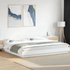 vidaXL Camas Y Accesorios-Estructura cama y luces LED madera ingeniería blanca 200x200 cm