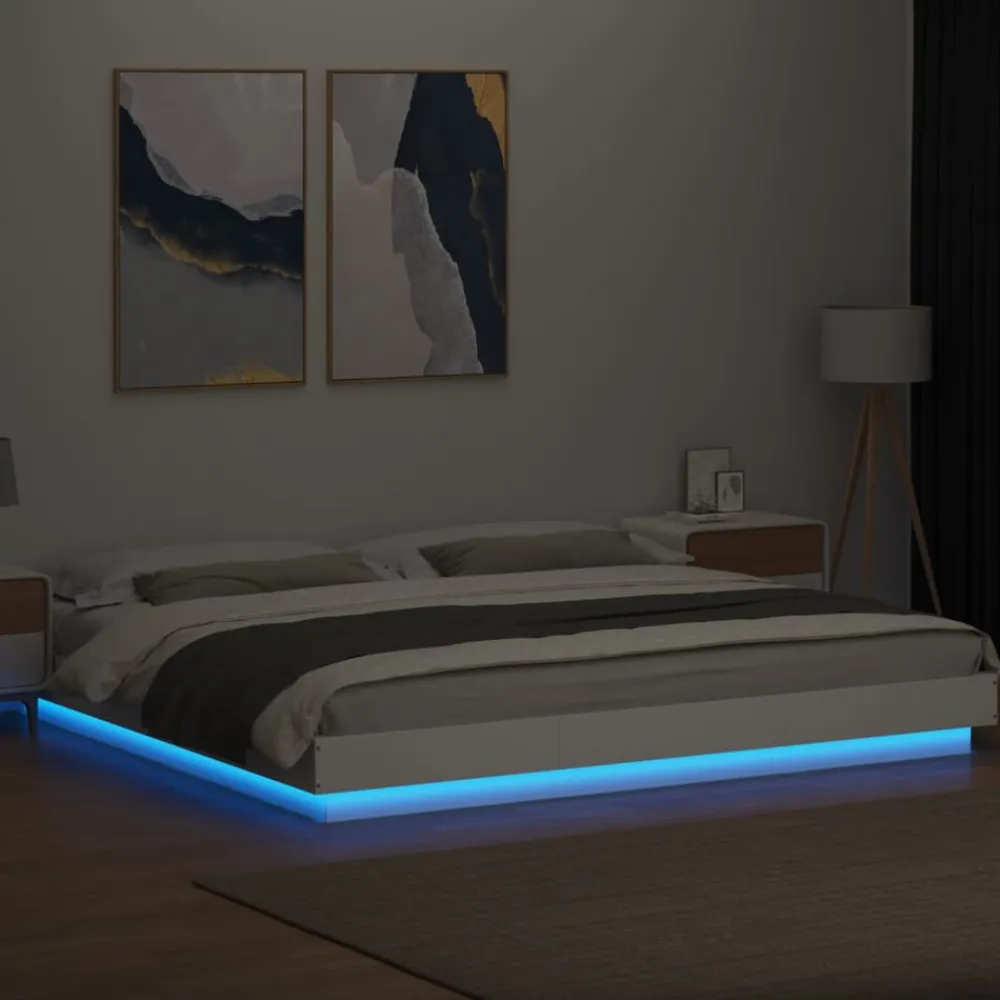 vidaXL Camas Y Accesorios-Estructura cama y luces LED madera ingeniería blanca 200x200 cm