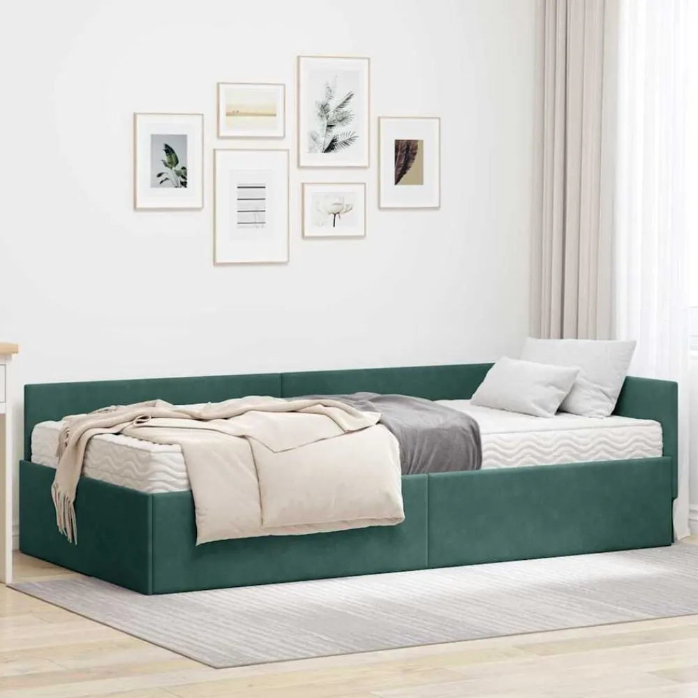 vidaXL Estructura de Cama Esquina con Colchón 2 pcs Verde Terciopelo Verde oscuro New