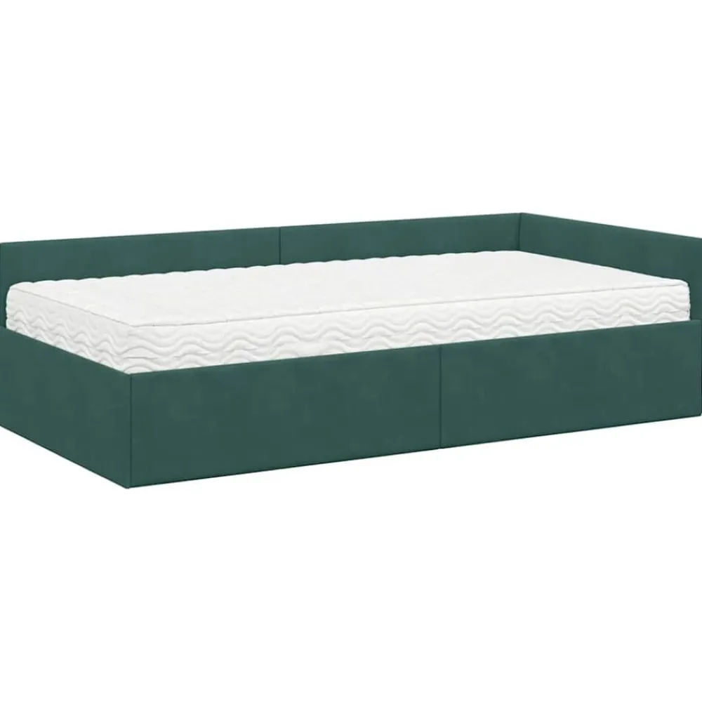 vidaXL Estructura de Cama Esquina con Colchón 2 pcs Verde Terciopelo Verde oscuro New