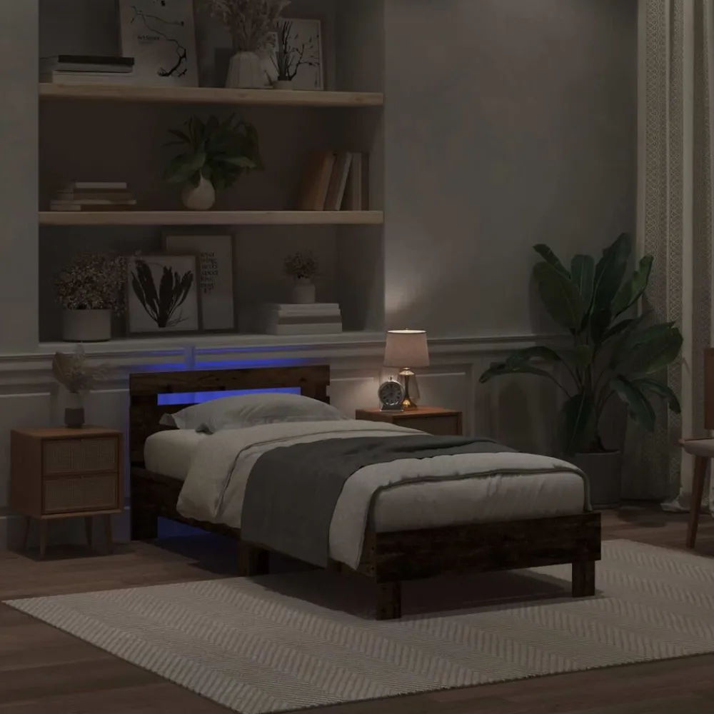 vidaXL Estructura de cama con LED Madera vieja 100 x 200 cm Madera envejecida Sale