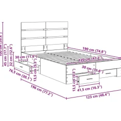 vidaXL Estructura de cama con cajón Roble artesanal 120 x 190 cm Roble artisan Online