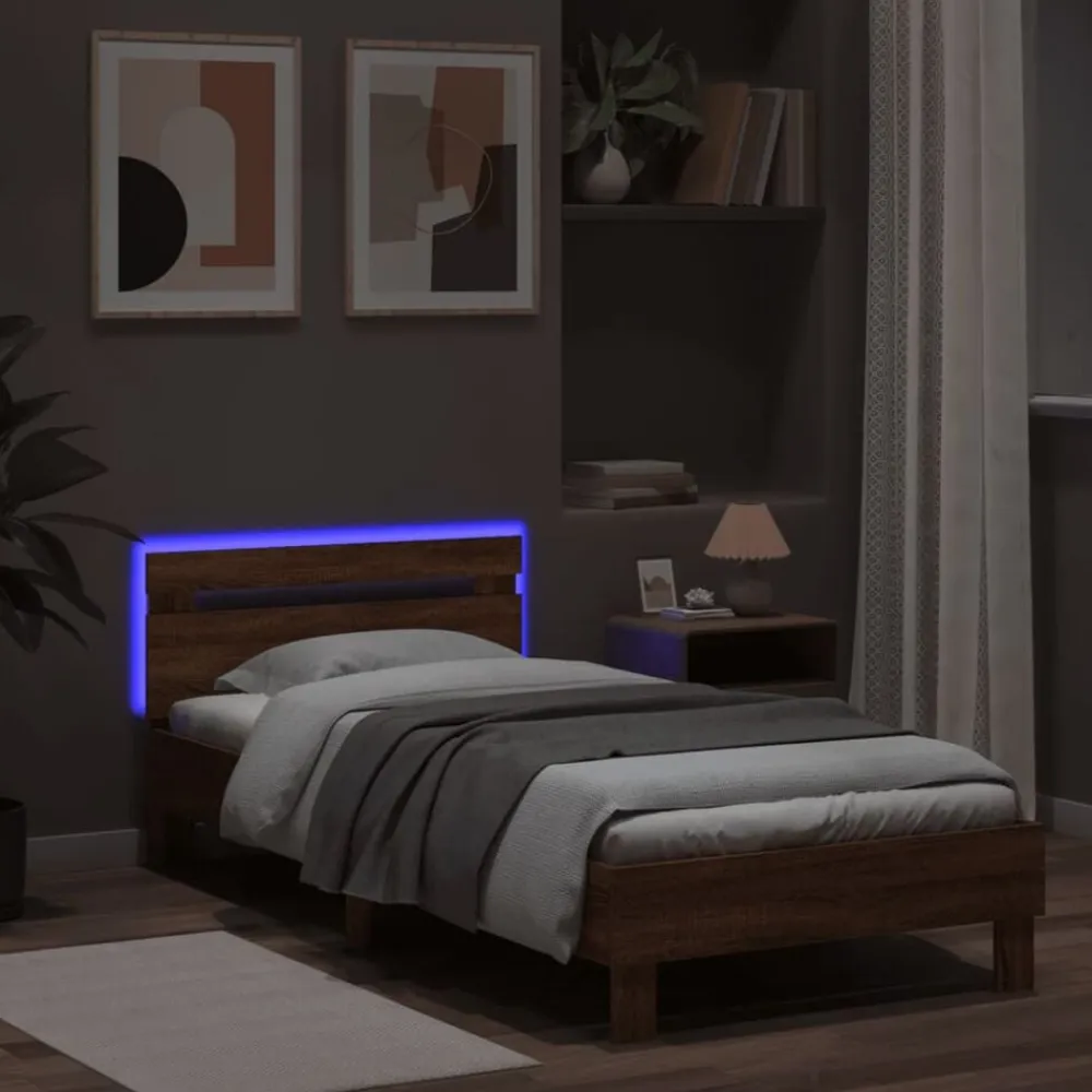 vidaXL Camas Y Accesorios-Estructura de cama cabecero luces LED roble marrón 100x200 cm