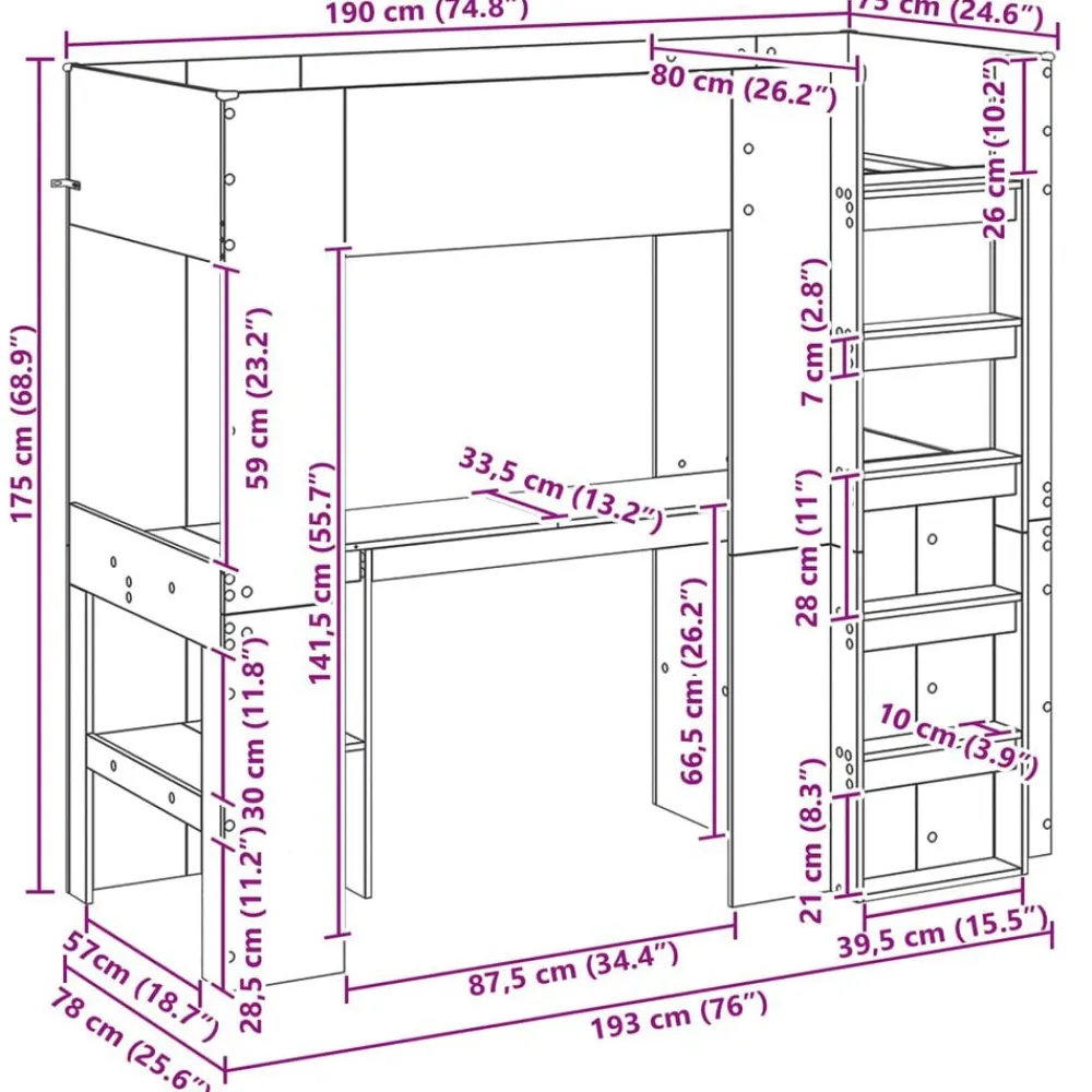 vidaXL Camas Y Accesorios-Estructura de litera con escritorio 75 x 190 cm