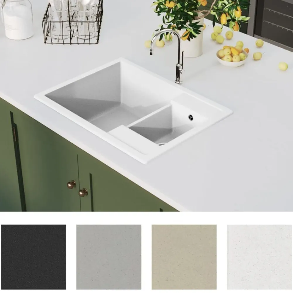 vidaXL Fregadero de cocina doble seno con rebosadero granito Blanco New