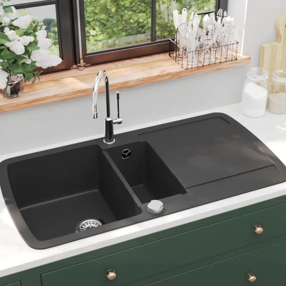 vidaXL Fregadero de cocina con dos senos de granito Negro Hot