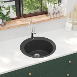 vidaXL Fregadero de cocina de granito con un seno redondo Negro Clearance