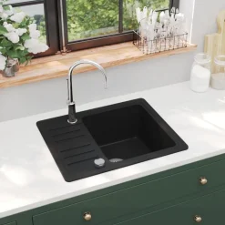 vidaXL Fregadero de cocina de granito con un seno Negro Best