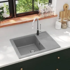 vidaXL Fontanería-Fregadero de cocina con rebosadero ovalado granito
