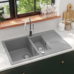 vidaXL Fregadero de cocina con dos senos granito Gris Discount