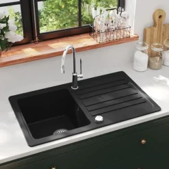 vidaXL Fontanería-Fregadero de cocina de granito con un seno y escurridor