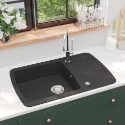 vidaXL Fregadero de cocina de un seno de granito Negro Discount