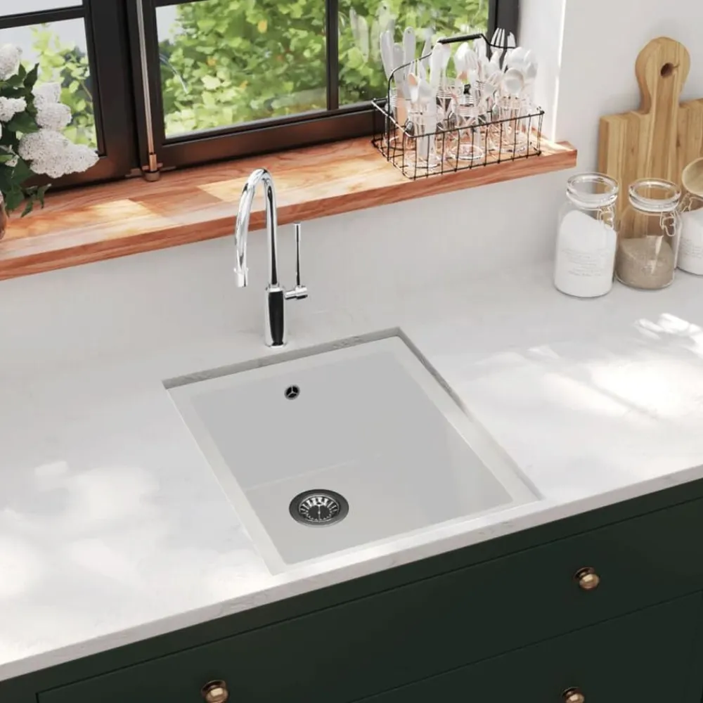 vidaXL Fregadero de cocina con rebosadero granito Blanco Online