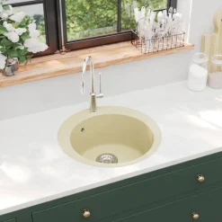 vidaXL Fregadero de cocina de granito con un seno redondo Beige Discount