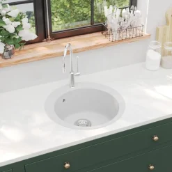 vidaXL Fregadero de cocina de granito con un seno redondo Blanco Clearance