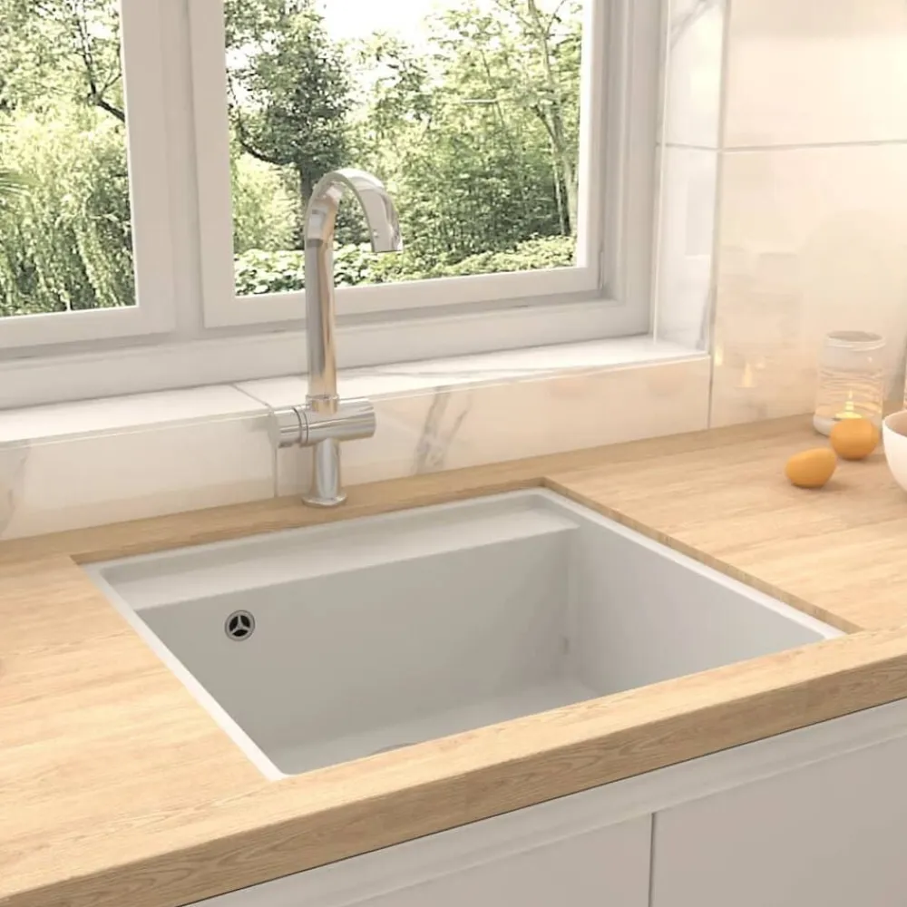 vidaXL Fregadero de cocina con rebosadero granito Blanco Discount