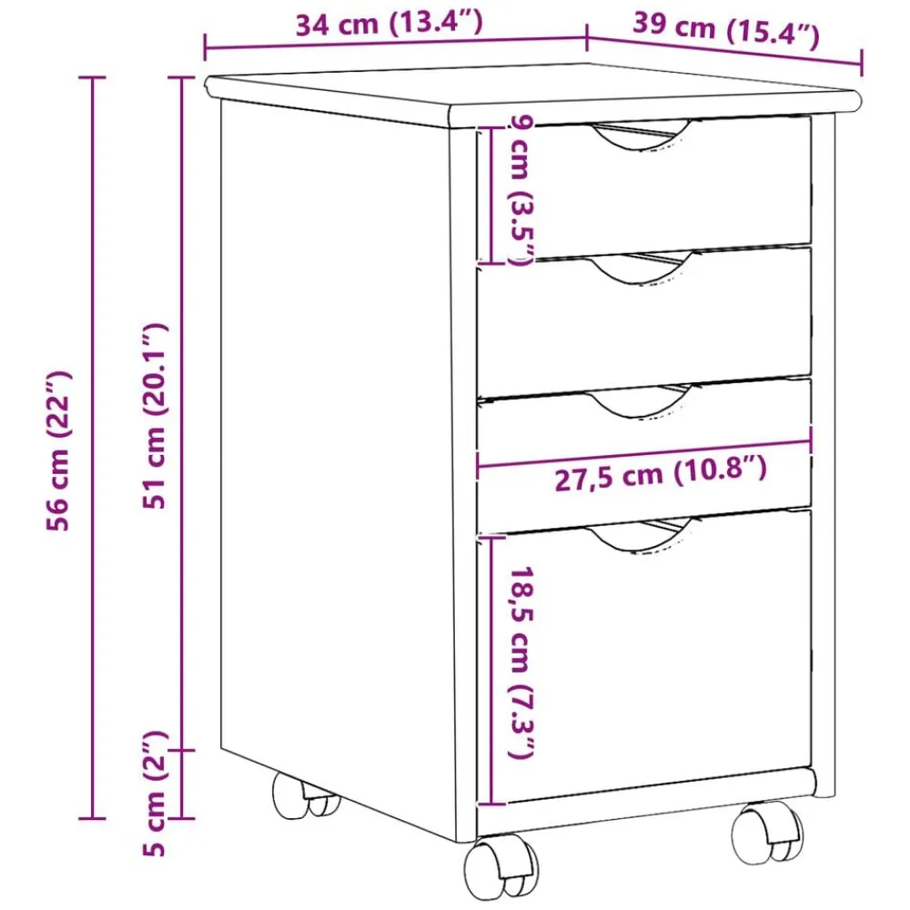 vidaXL Gabinete rodante con rueda 34 x 39 x 56 cm Pino macizo White New