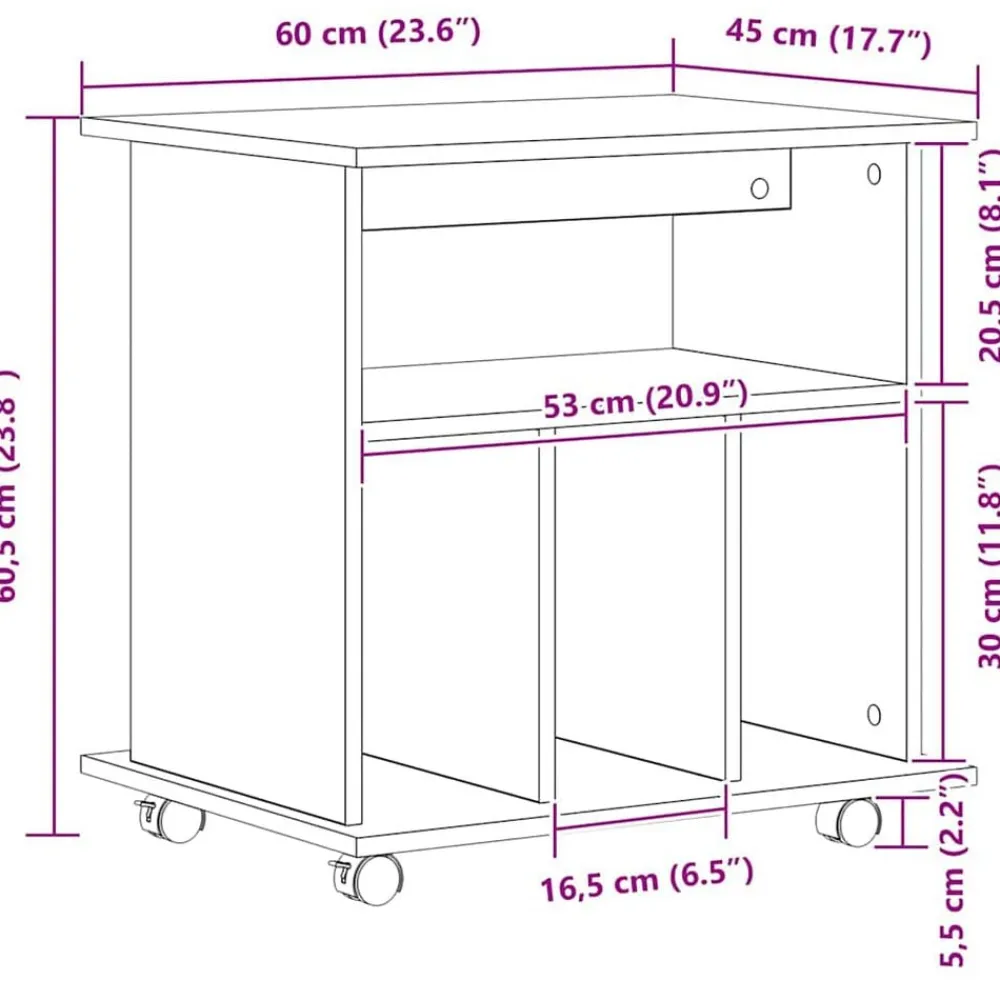 vidaXL Armarios Y Almacenamiento-Gabinete rodante con rueda 60 x 45 x 55 cm