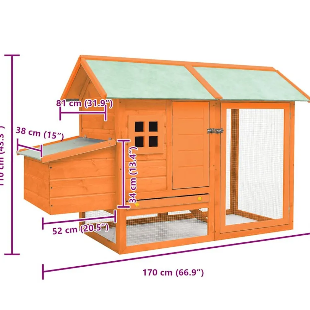 vidaXL Gallinero madera maciza pino y abeto 170x81x110 cm Marrón New