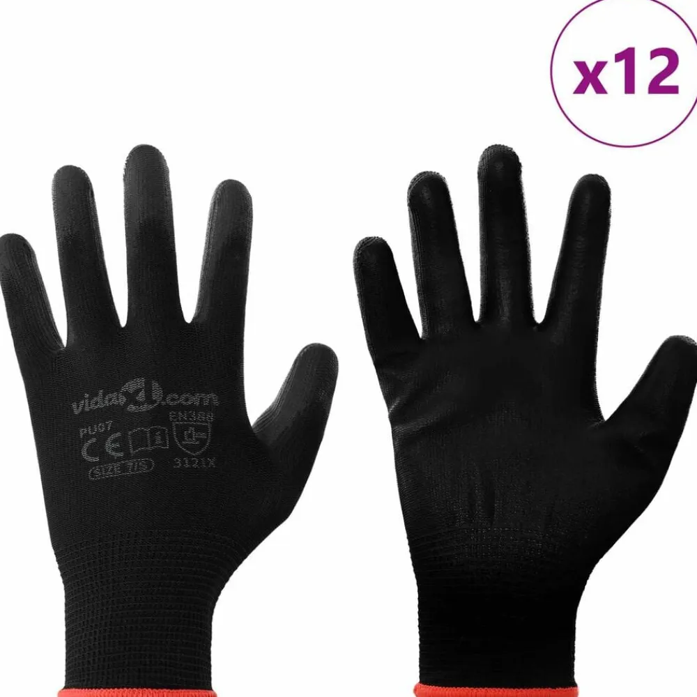 vidaXL Equipo De Protección Para El Trabajo-Guantes de Trabajo 12 pcs Negro 7 / S Poliéster