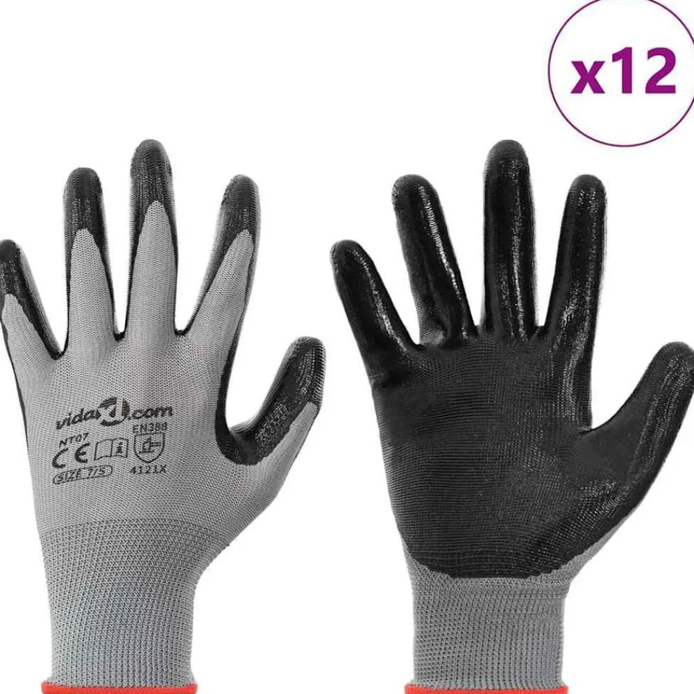 vidaXL Guantes de Trabajo 12 pcs Gris y Negro 7 / S Poliéster Outlet