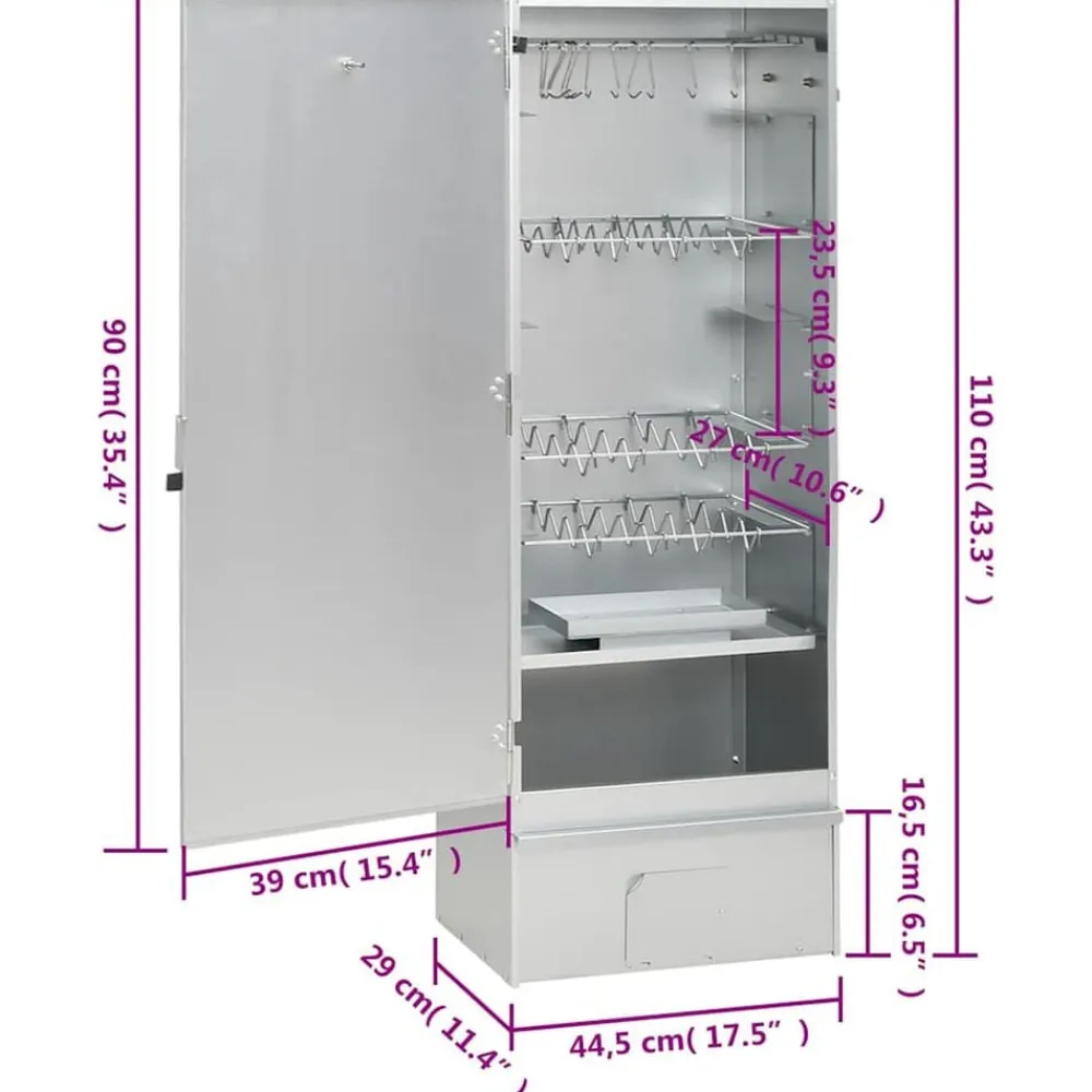 vidaXL Horno ahumador astillas madera acero galvanizado 44,5x29x110 cm