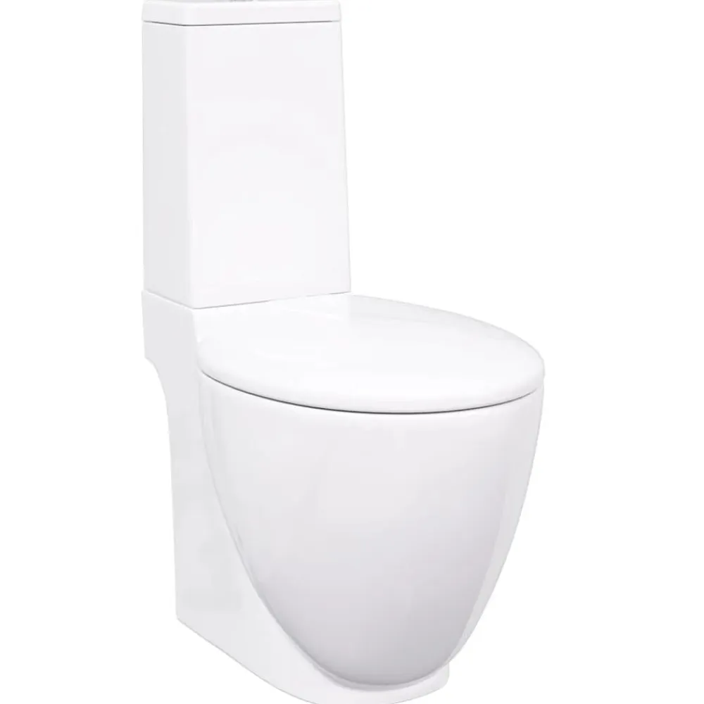 vidaXL Inodoro WC redondo de cerámica flujo hacia abajo Blanco Sale