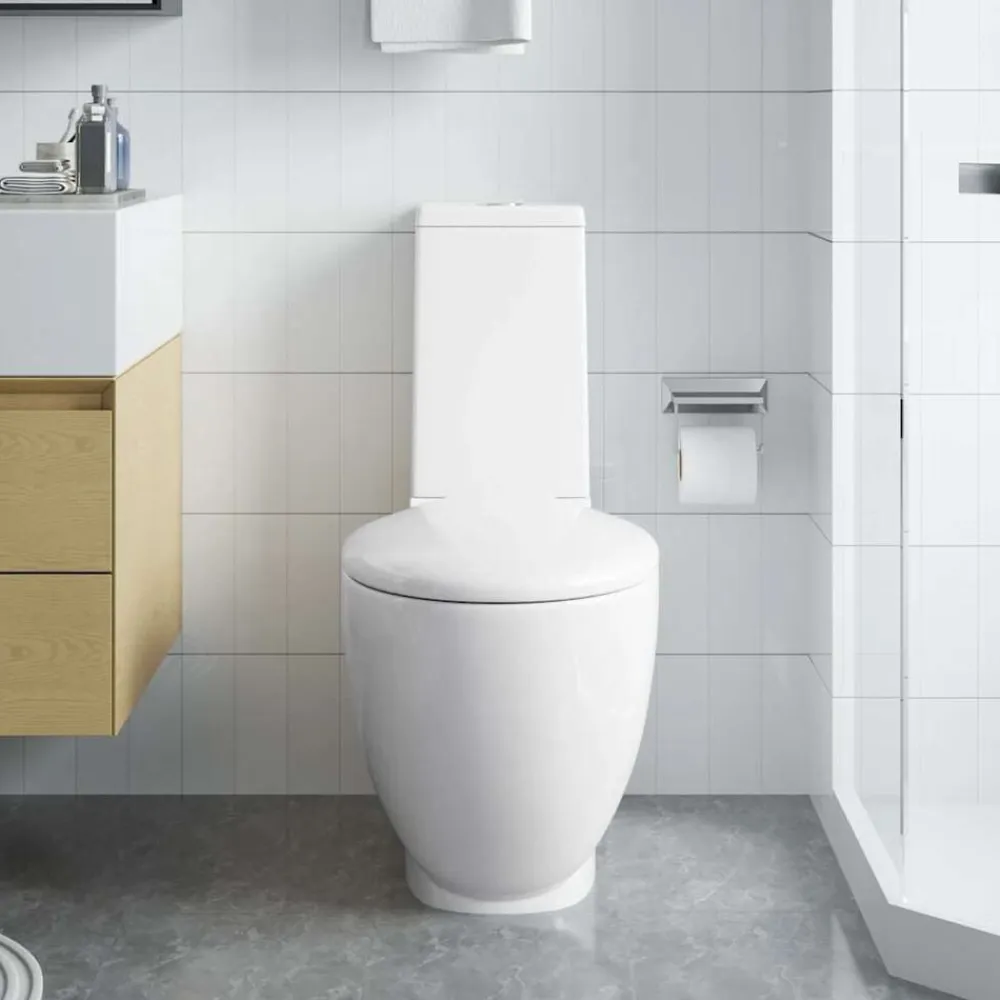 vidaXL Inodoro WC redondo de cerámica flujo hacia abajo Blanco Sale