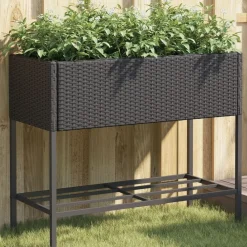 vidaXL Jardinera con estante ratán sintético Negro