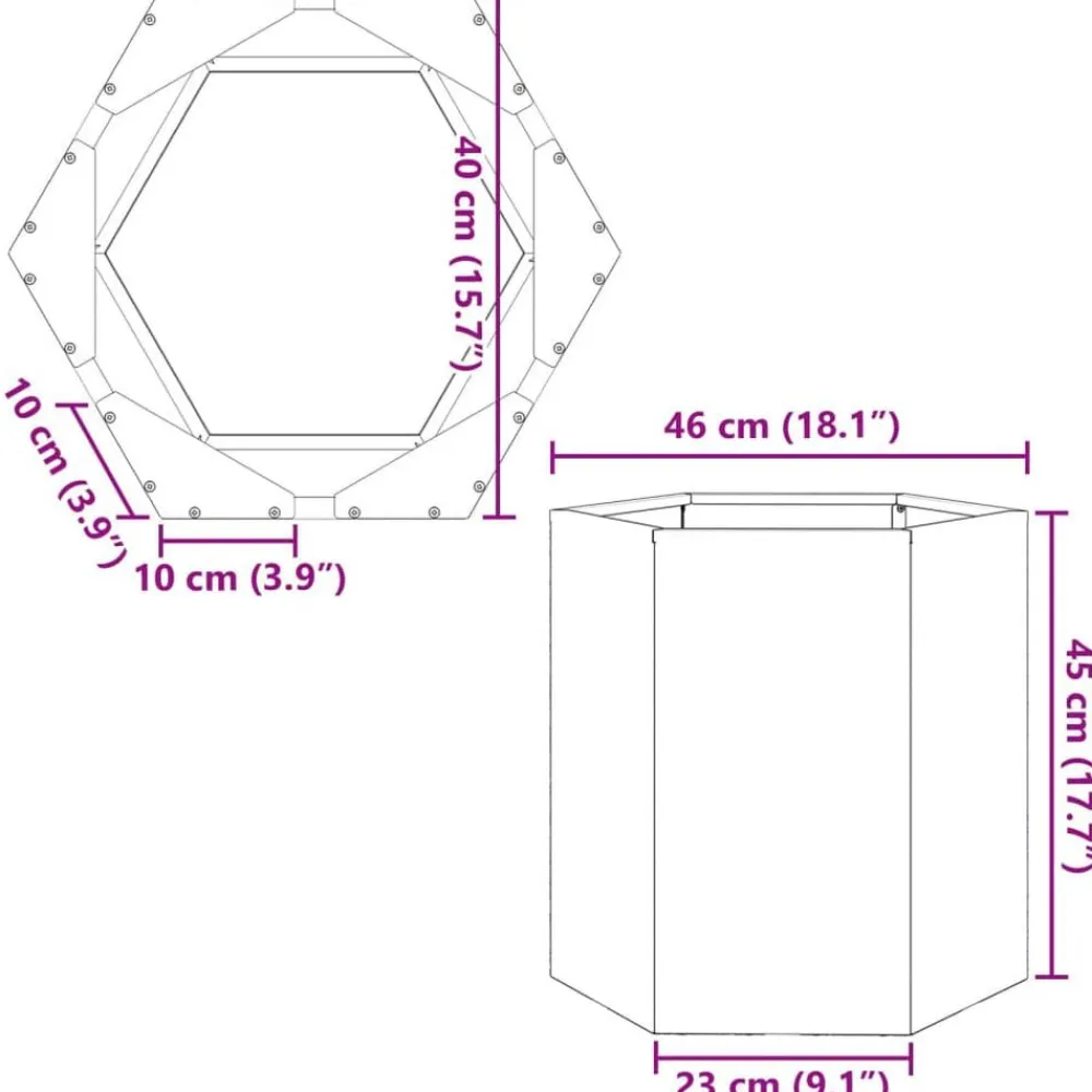 vidaXL Jardinera hexagonal acero negra 46x40x45 cm Acero/Negro New