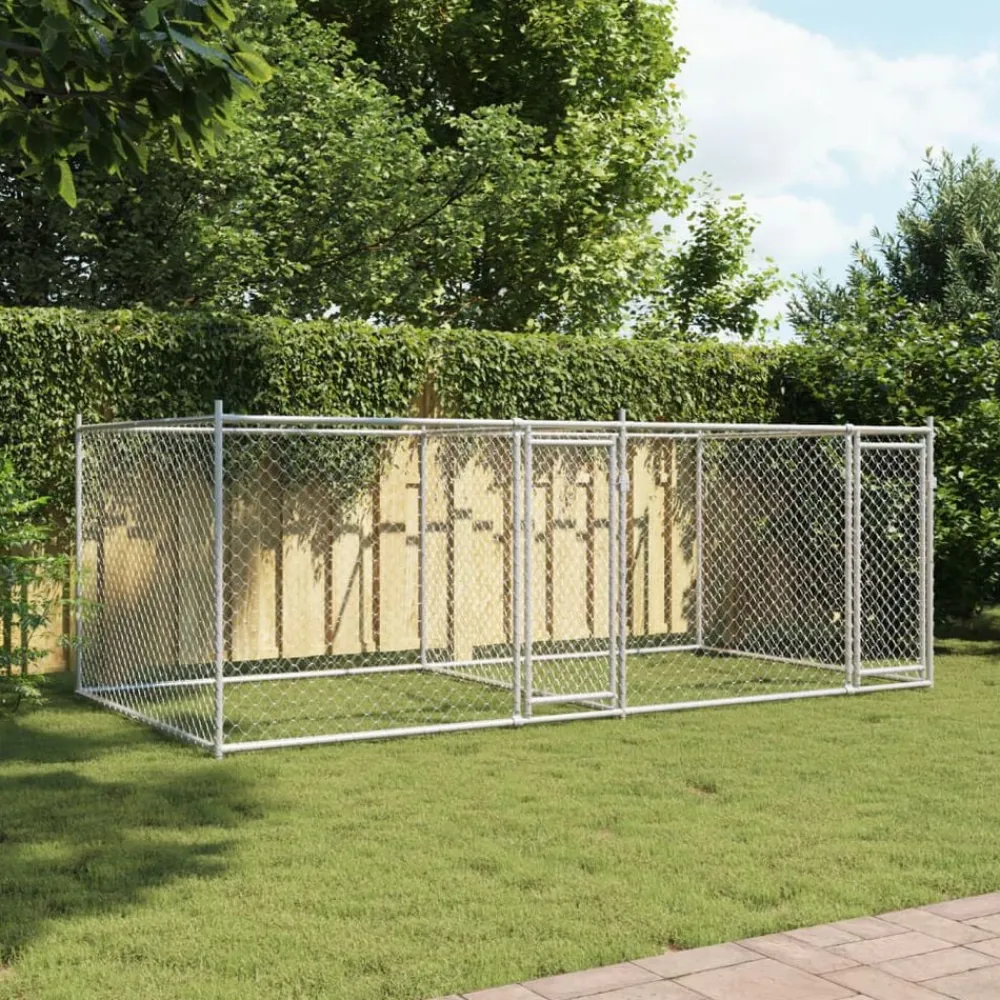 vidaXL Productos Para Mascotas-Jaula de perros con puertas acero galvanizado gris 4x2x1,5 m