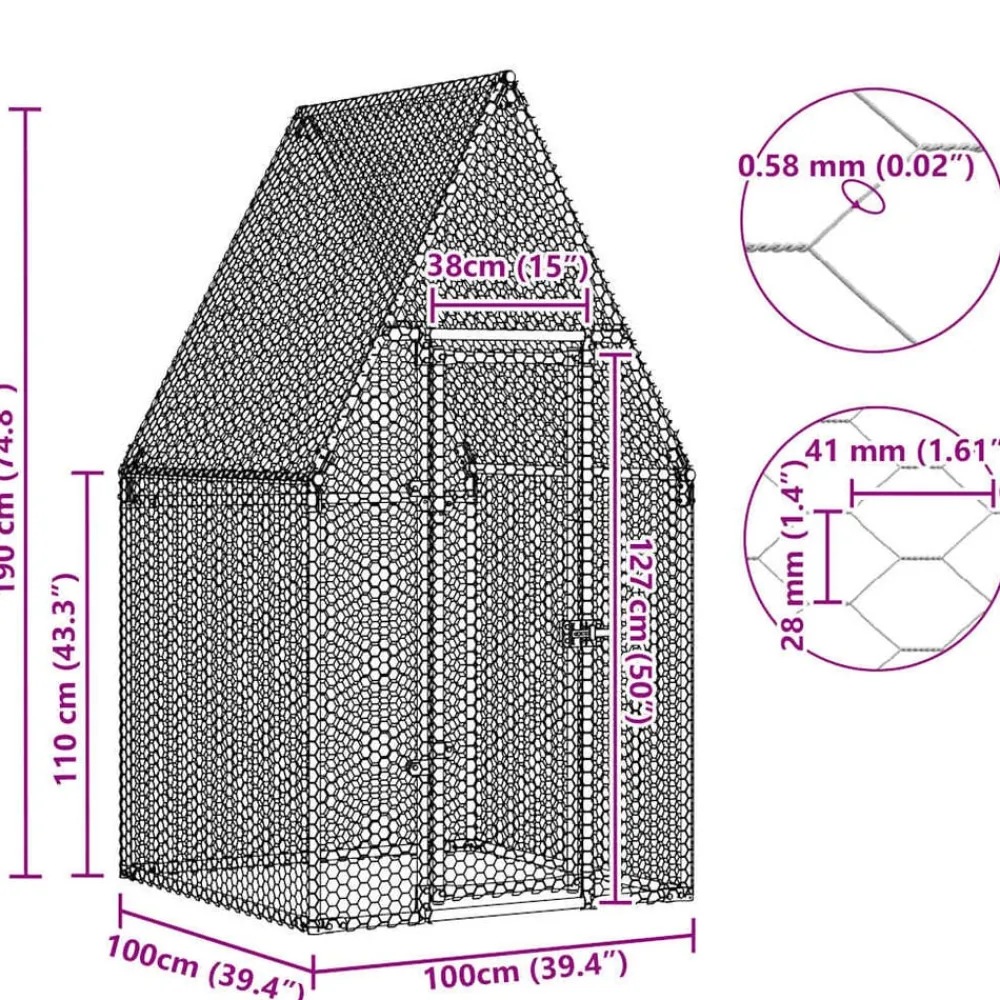 vidaXL Productos Para Mascotas-Jaula para gallinas acero galvanizado plateado 100x100x190 cm