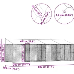 vidaXL Jaula para perro con techo Plateado 800 x 200 x 256 cm Sale